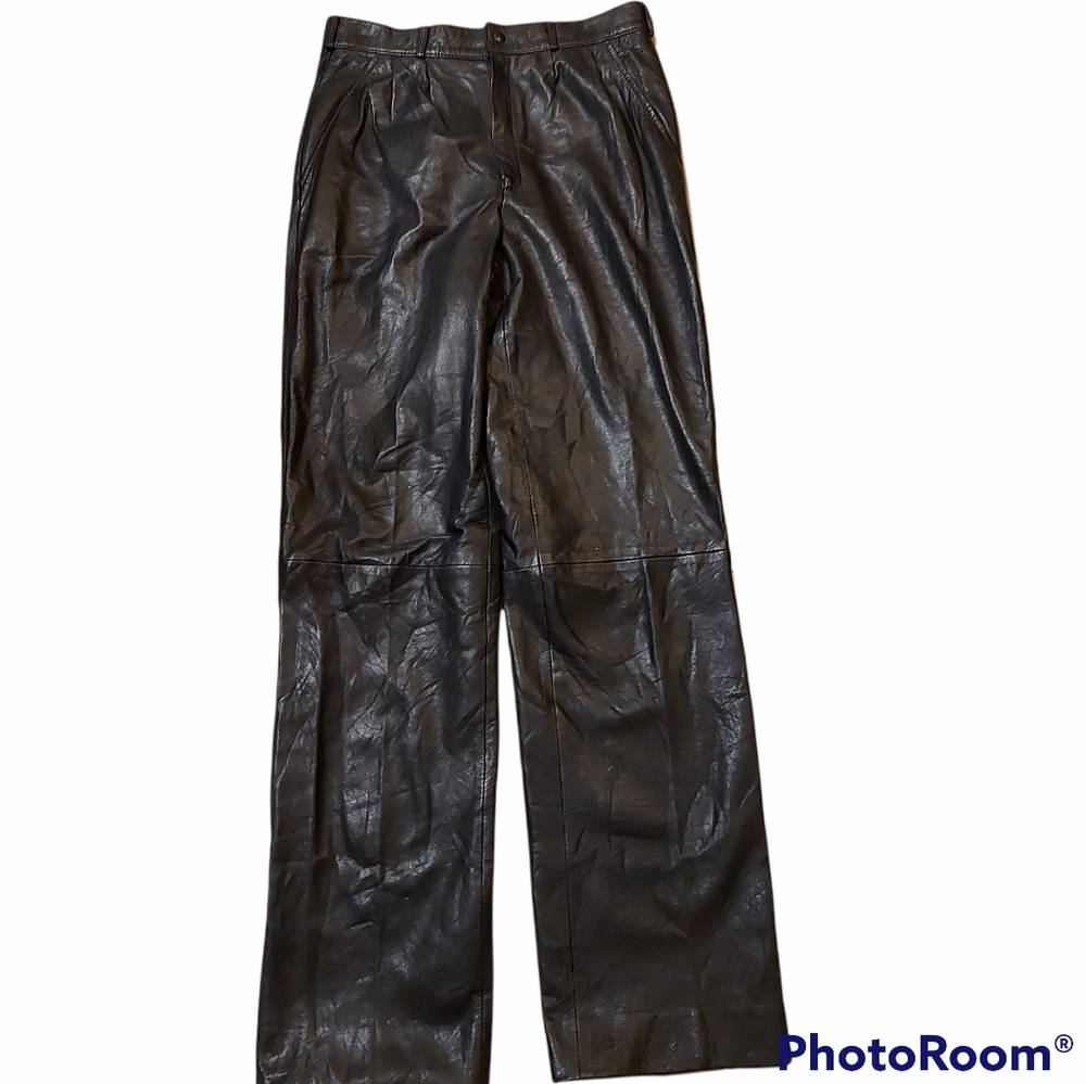 Vera Pelle black leather high waisted straight leg pants Size 30